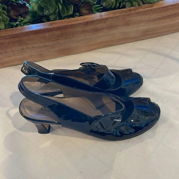 ANYI LU Tulip Patent Leather Slingback Mary Janes peep toe heels black 6 us 36.5 - Picture 3 of 6